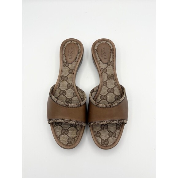 Gucci Leather & Canvas Brown Monogram Sandals w/ Wooden Sole Mule Y2K Sz EU 36.5 - Picture 2 of 13